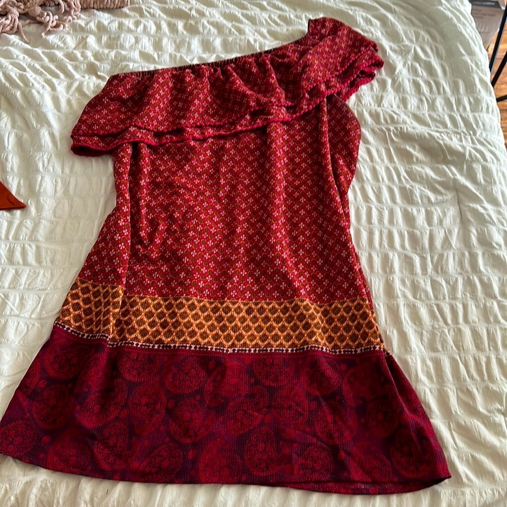 Xhilaration Dress One Shoulder Saffron Red Boho Ruffle Abstract Pattern - Large